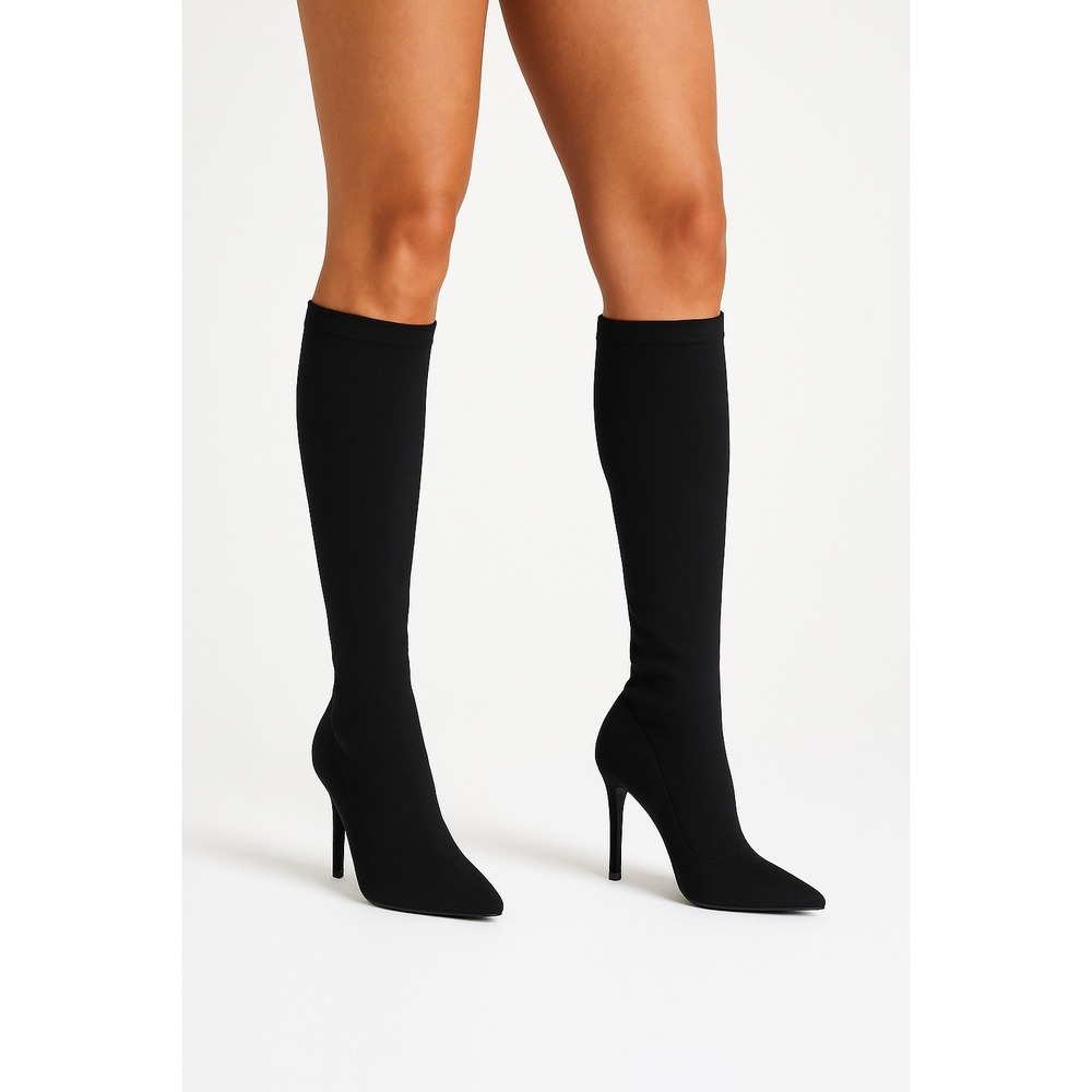 Dolls Kill Knee High Boots Womens 8.5 Black Stretchy Sock Heel Pointy Toe Witchy
